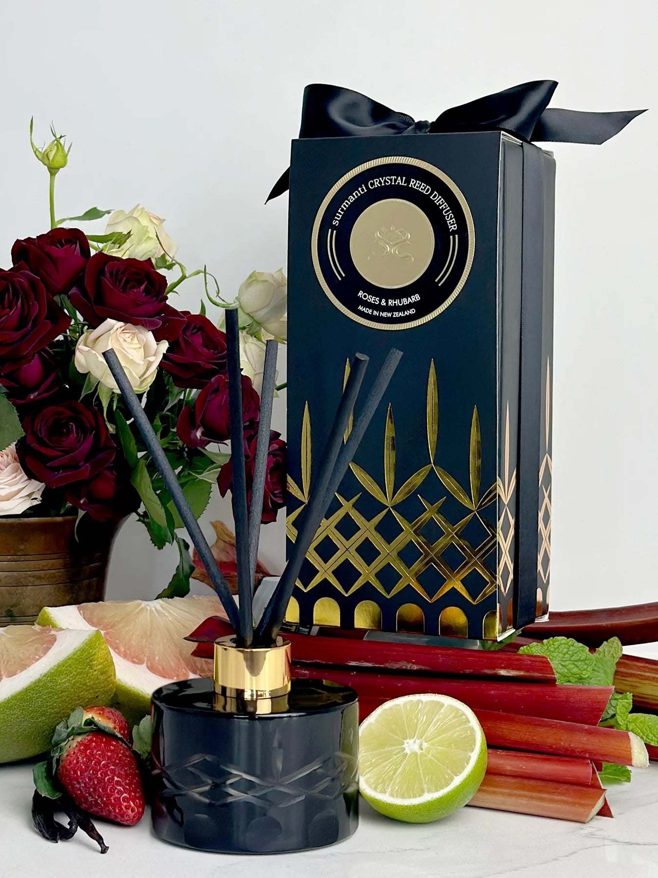 Roses & Rhubarb Crystal Series Reed Diffuser - Large Rooms 200mL - Surmanti - Made In New Zealand