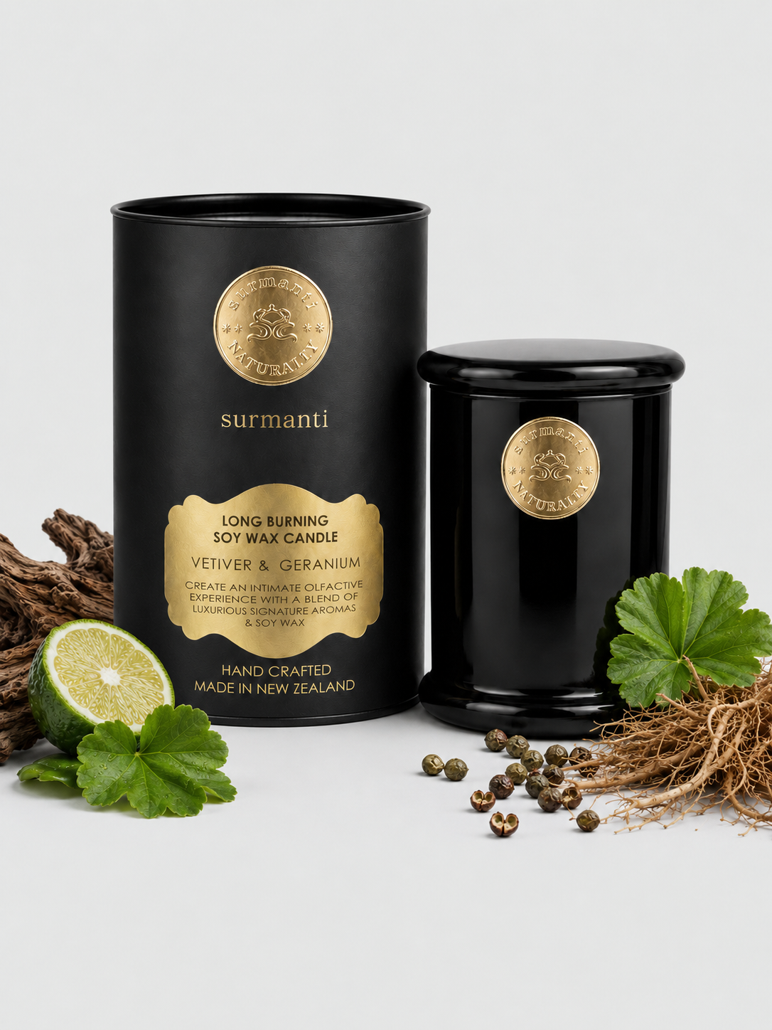 Vetiver & Geranium Leaf - Grounding Unisex Aromatherapy Candle. Pure Soy 250g - Surmanti - Made In New Zealand