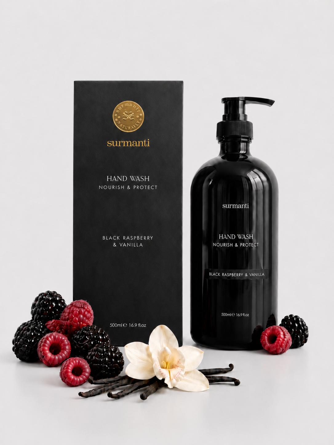 Nourish & Protect Antibacterial Hand Wash - Black Raspberry & Vanilla - Glass Bottle 500ml - Surmanti - Made In New Zealand