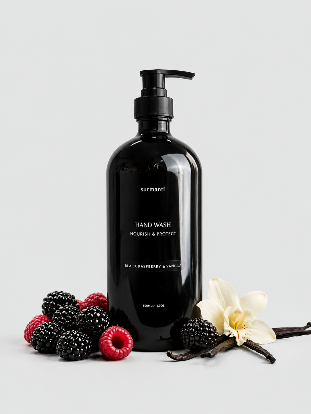 Nourish & Protect Antibacterial Hand Wash - Black Raspberry & Vanilla - Glass Bottle 500ml - Surmanti - Made In New Zealand
