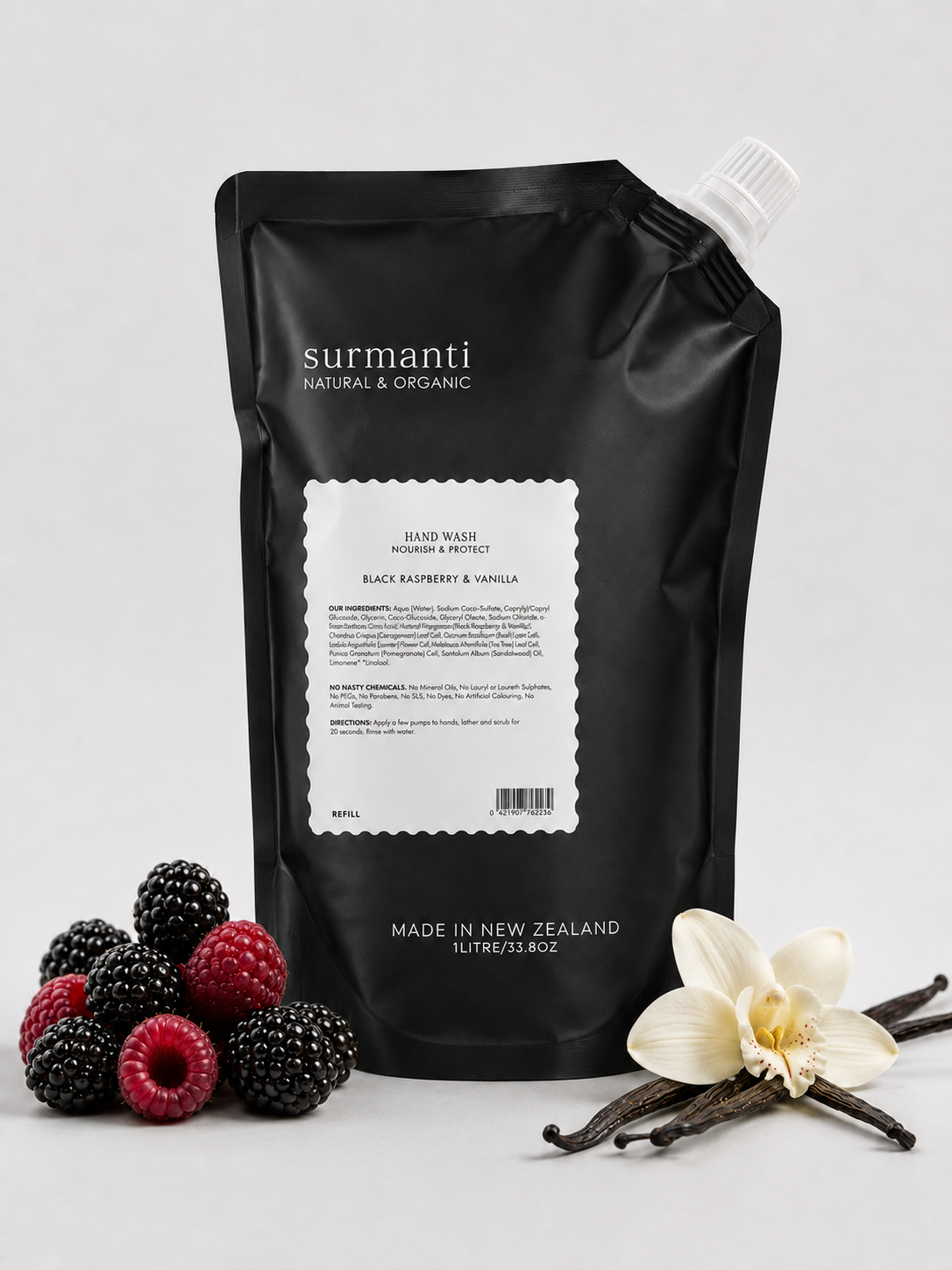 Hand Wash Nourish & Protect 1L Pouch Refill - Black Raspberry & Vanilla - Non-drying. - Surmanti - Made In New Zealand