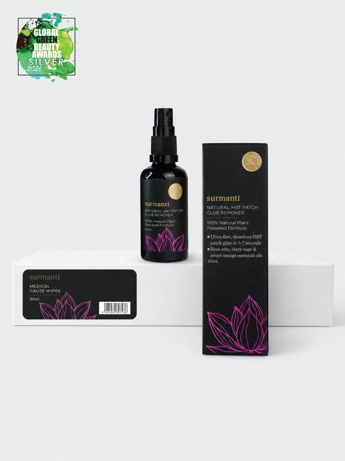 Natural HRT Patch Residue Remover BUNDLE -50ml Remover + Gauze Wipes for Estrogen Patches - Surmanti - Made In New Zealand