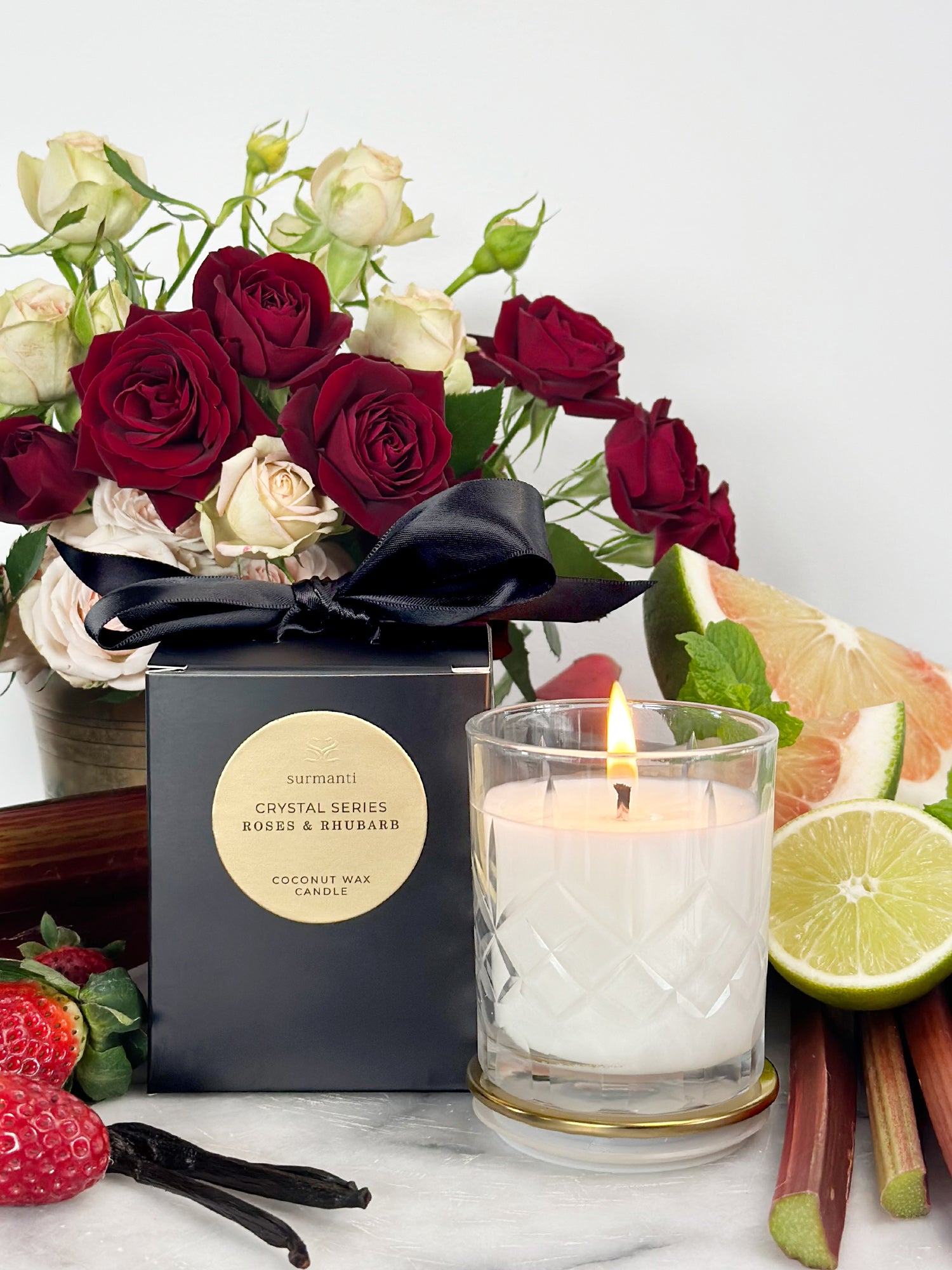 Roses & Rhubarb Crystal Series Long Burning Coconut Wax Candle 125gm - Surmanti - Made In New Zealand