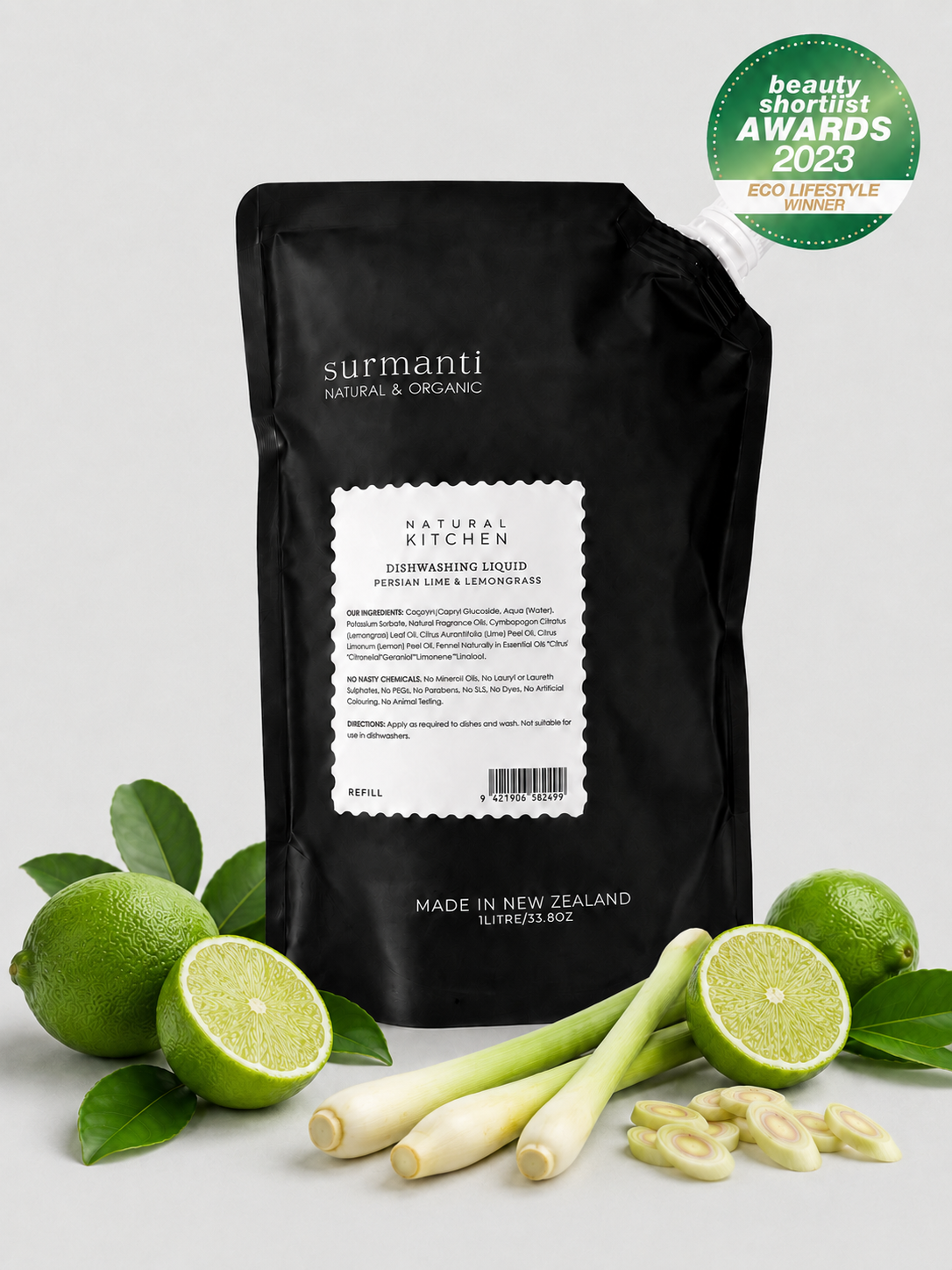 Dishwashing Liquid Refill - Non-drying (1 litre) - Persian Lime & Lemongrass - Natural Kitchen - Surmanti - Made In New Zealand