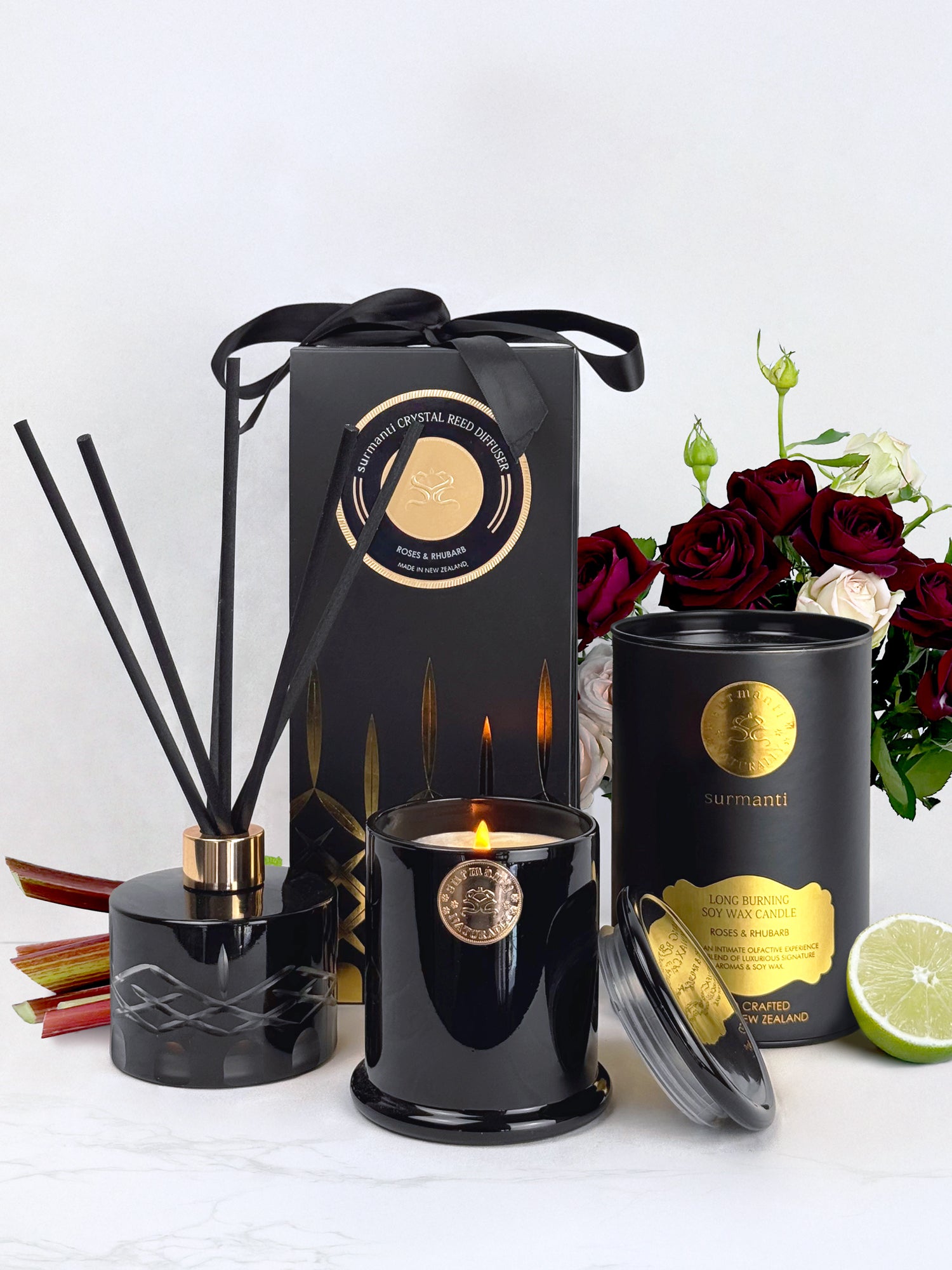 Roses & Rhubarb Duo - Long Burning Soy Wax Candle and Large Crystal Series Diffuser 200mL - Surmanti - Made In New Zealand