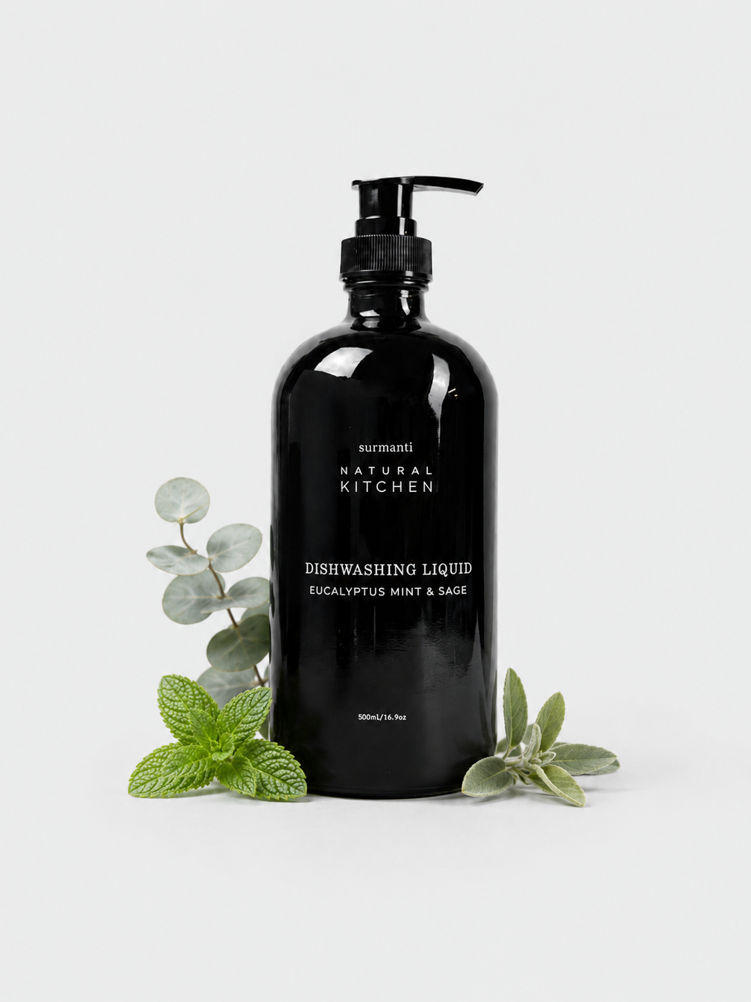 Natural Dishwashing Liquid 500ml Glass Bottle | Eucalyptus Mint Sage | Kills 99.9% Germs & Gentle on Hands - Surmanti - Made In New Zealand