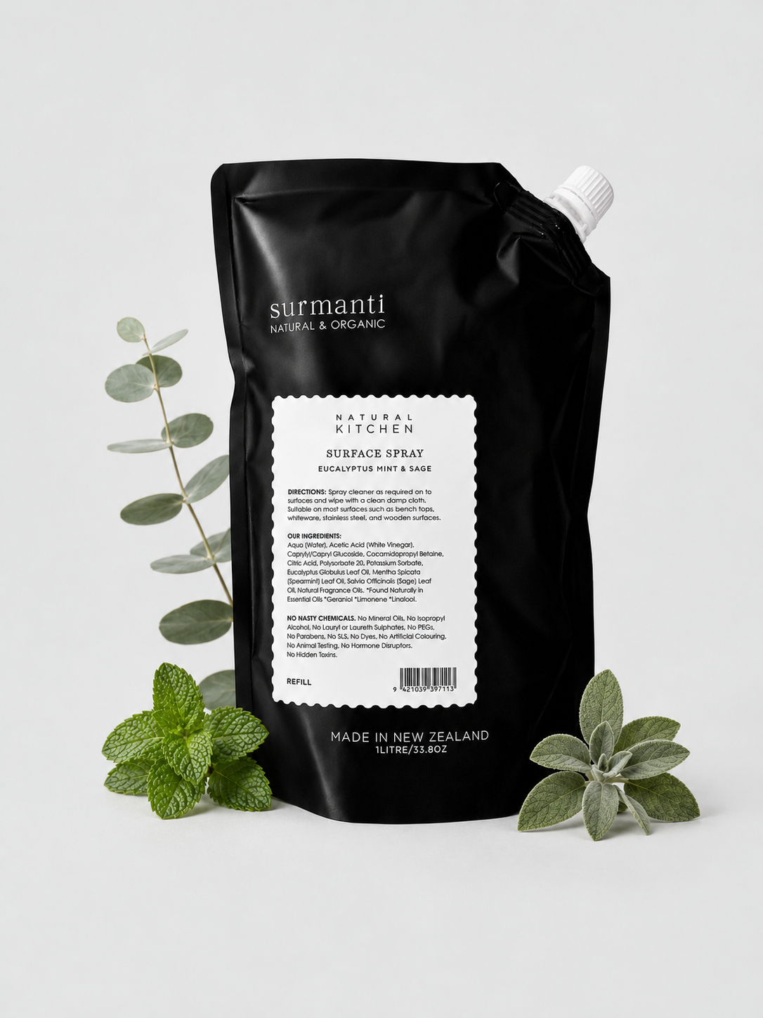 Kitchen Surface Spray Refill 1L | Eucalyptus Mint Sage | Natural Germ Killer Pet & Family Safe - Surmanti - Made In New Zealand