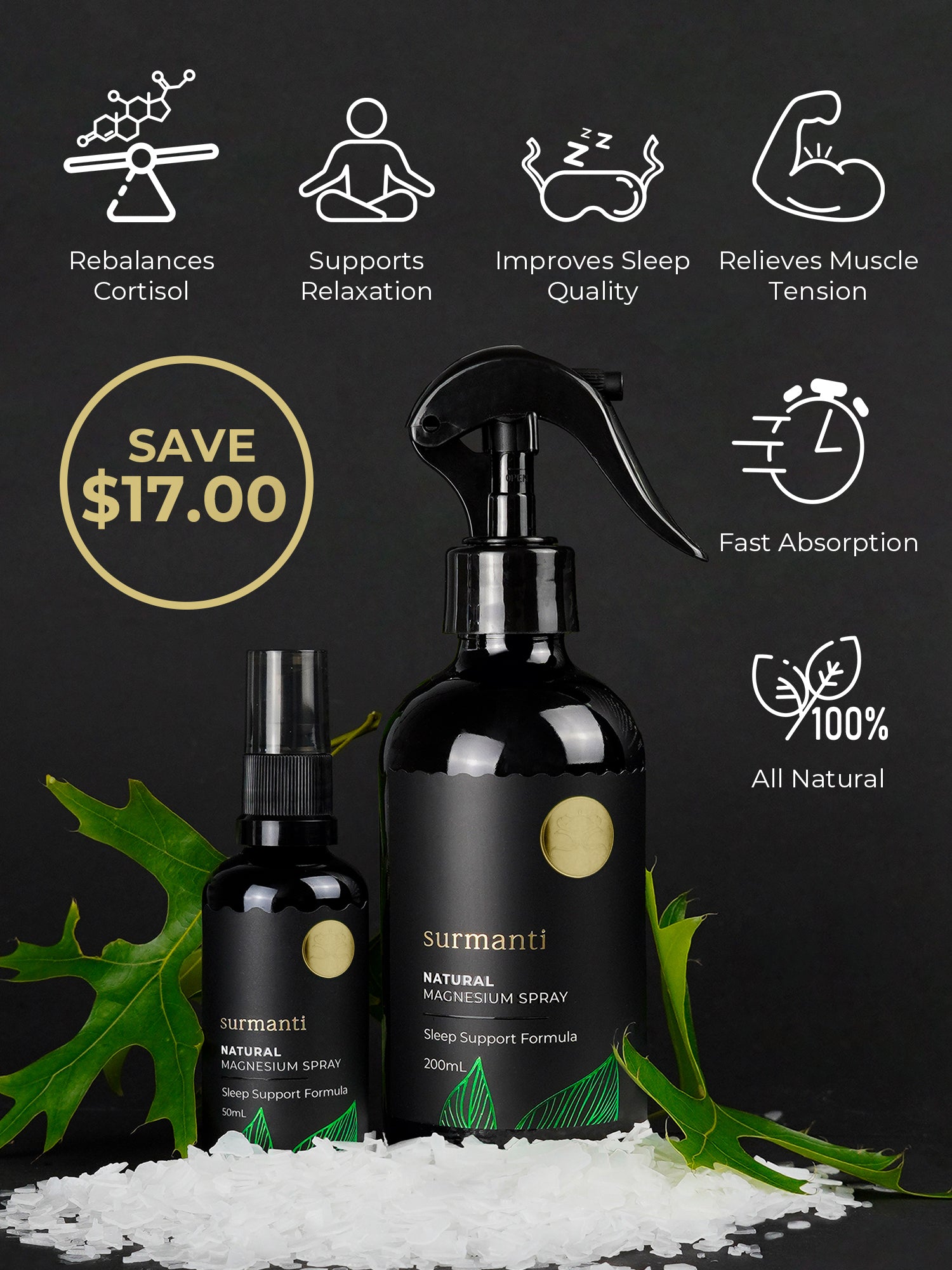 Magnesium Sleep Support Spray Bundle 200mL + 50mL Travel Spray. - Surmanti - Made In New Zealand