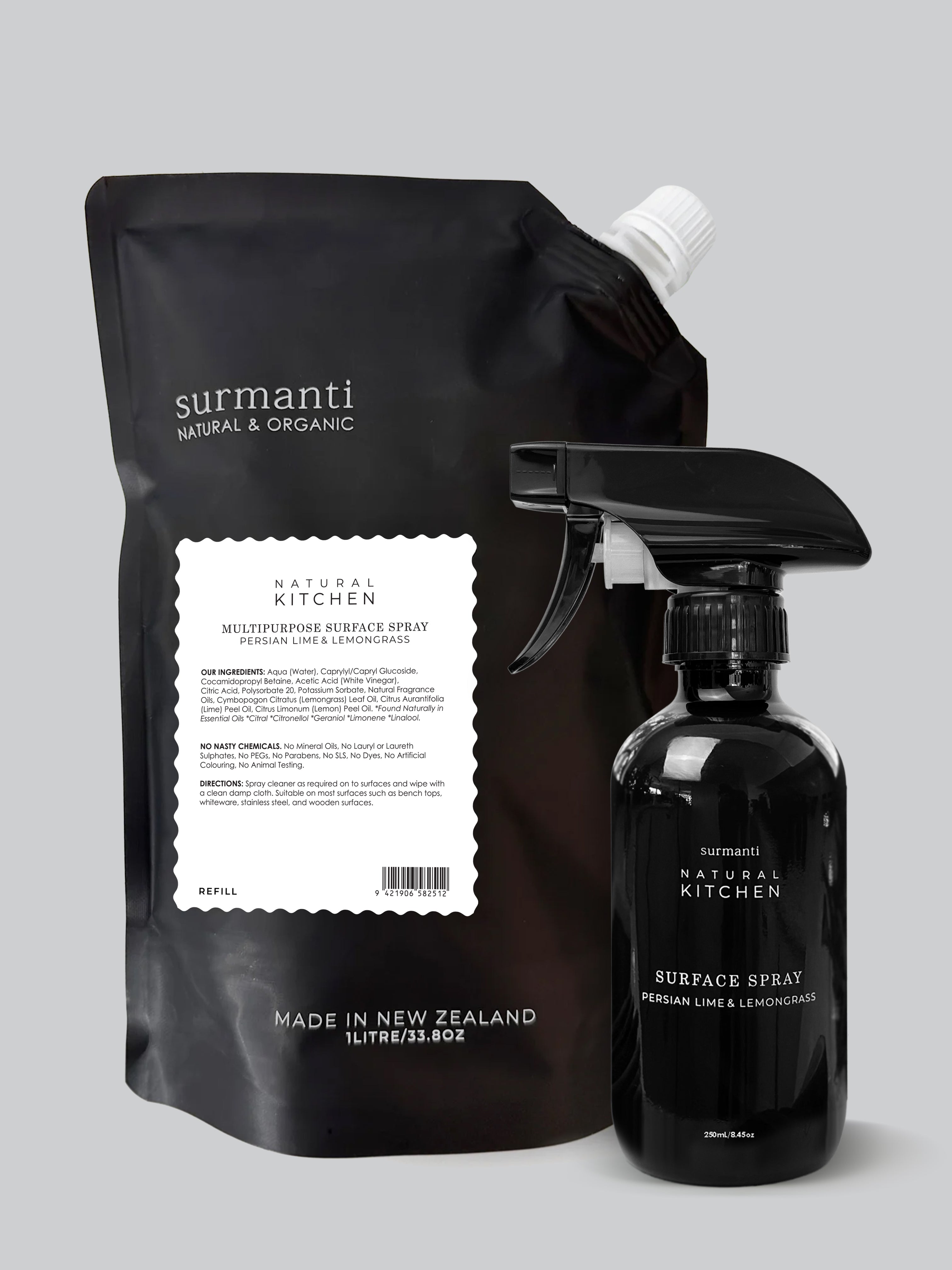 Multipurpose Surface Spray Bundle 1 Litre Refill + 250mL Persian Lime & Lemongrass - Surmanti - Made In New Zealand