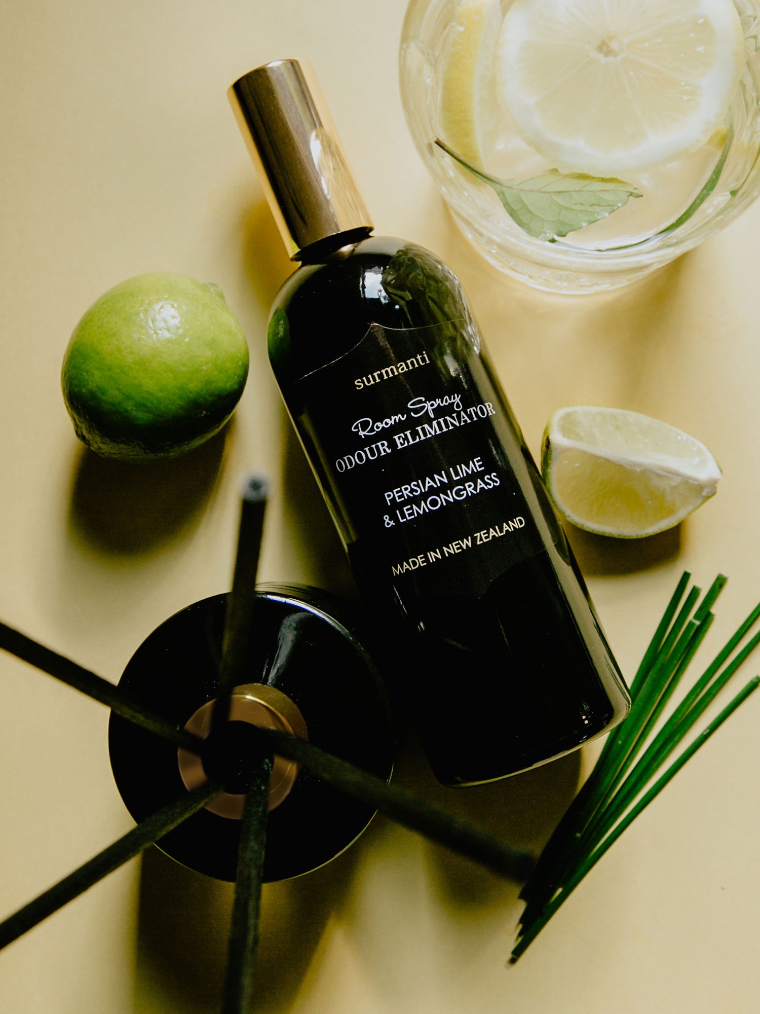 Persian Lime & Lemongrass Crystal Reed Diffuser - Odour Eliminator - Large Rooms 200mL - Surmanti - Made In New Zealand