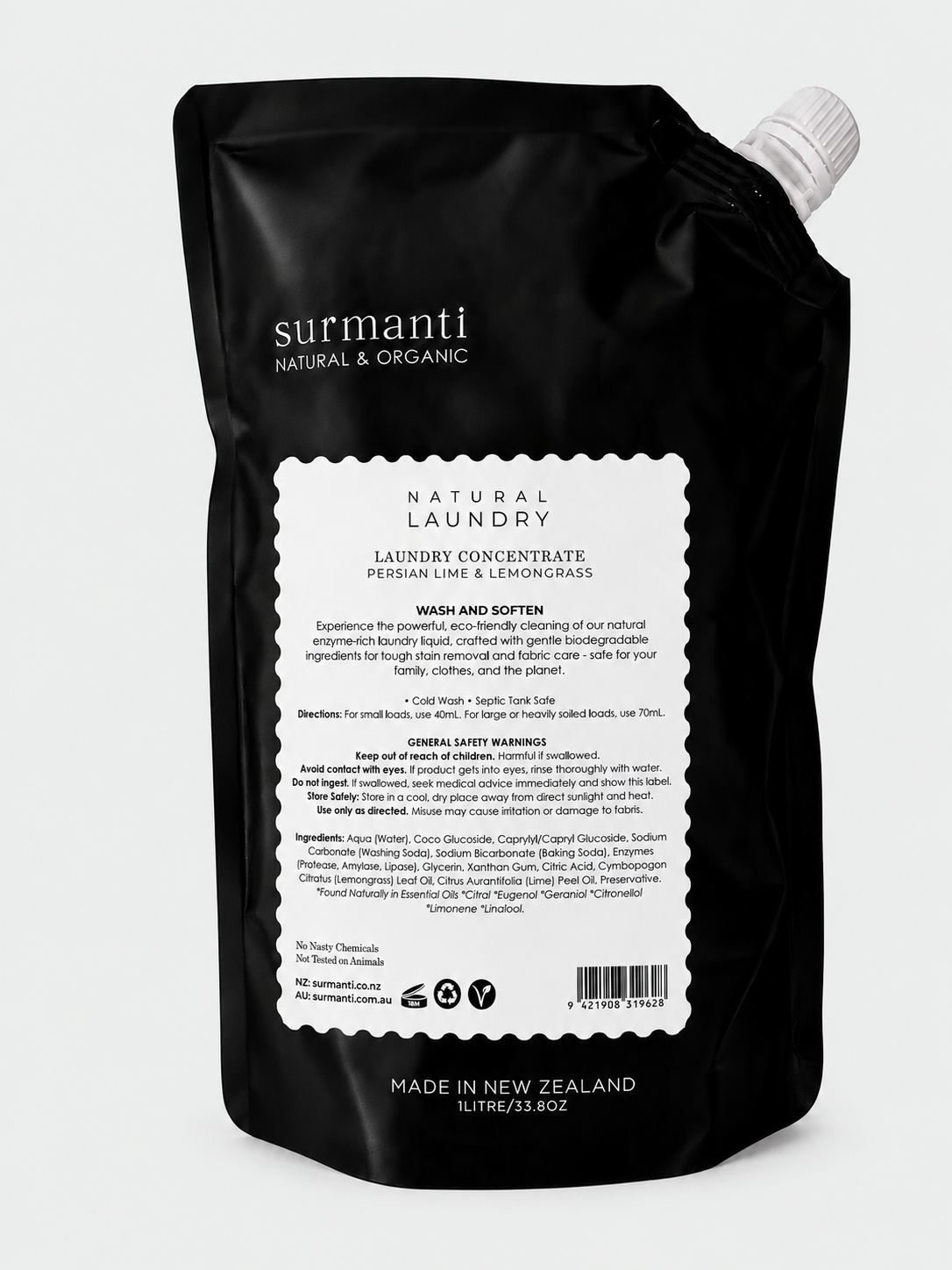 Natural Laundry Concentrate 1 Litre -  Septic + Greywater Kind. Persian Lime & Lemongrass - Surmanti - Made In New Zealand