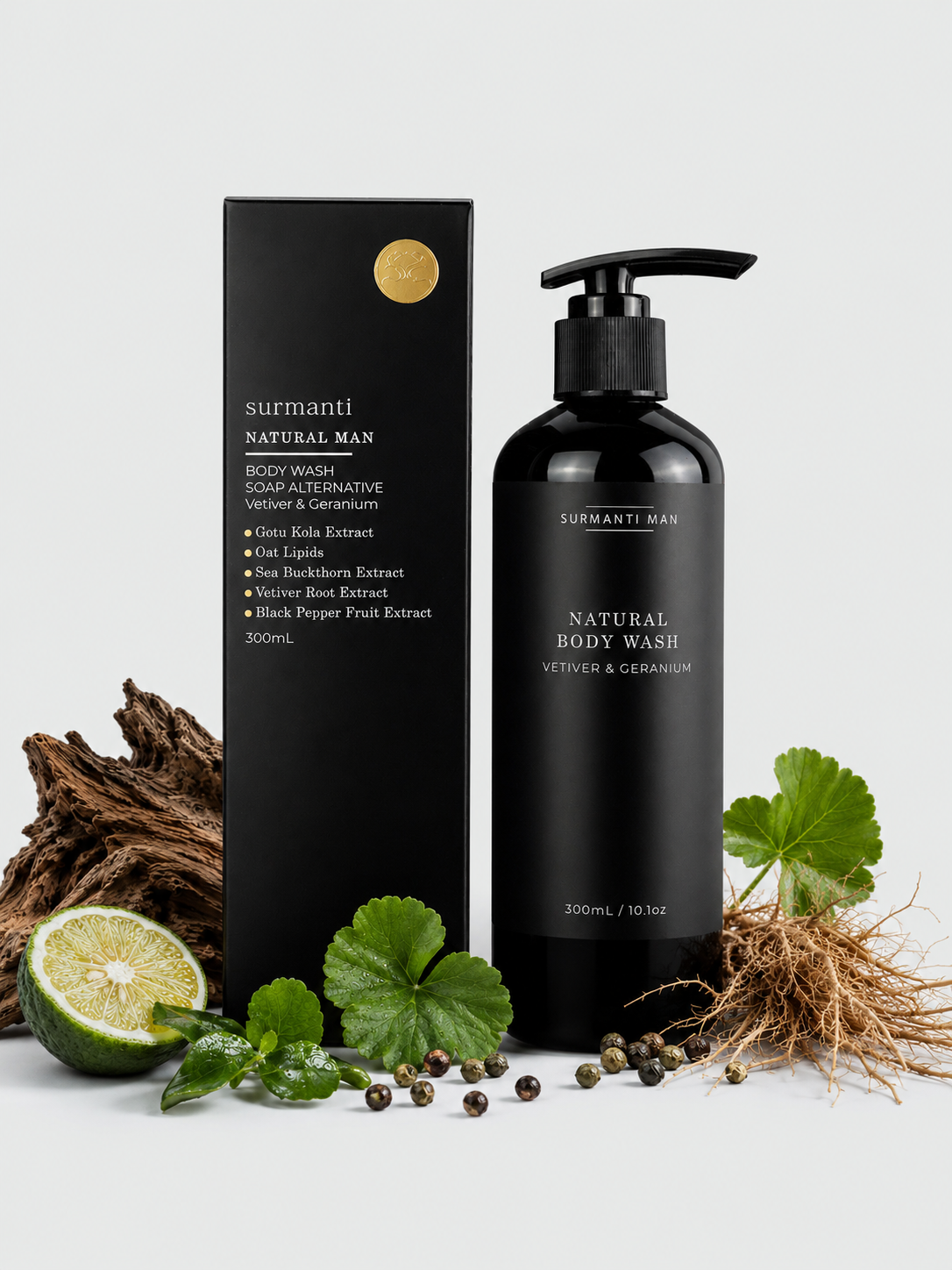 Natural Man Vetiver & Geranium Body Wash - Soap Alternative 300mL- Natural, Non-Drying Cleanse - Surmanti - Made In New Zealand