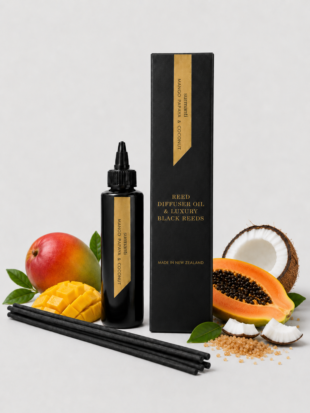 Reed Refill - Mango Papaya & Coconut Reed Diffuser Oil & Luxury Black Reeds - Surmanti - Made In New Zealand