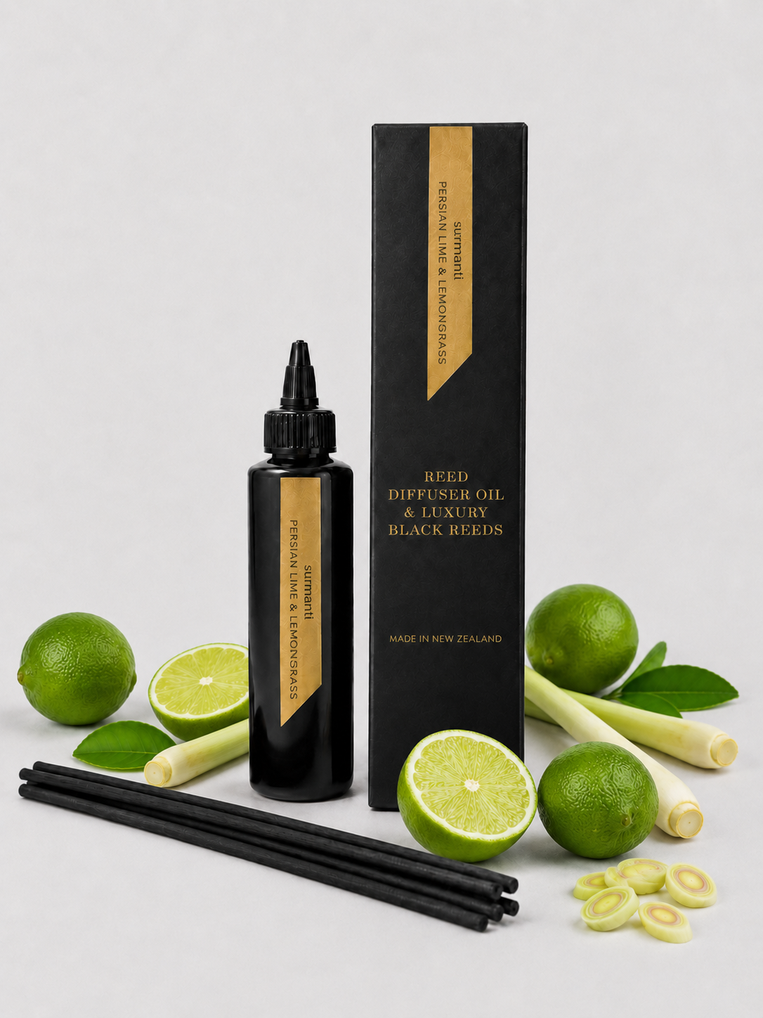 Reed Refill - Persian Lime & Lemongrass Reed Diffuser Oil & Luxury Black Reeds - Odour Eliminator - Surmanti - Made In New Zealand