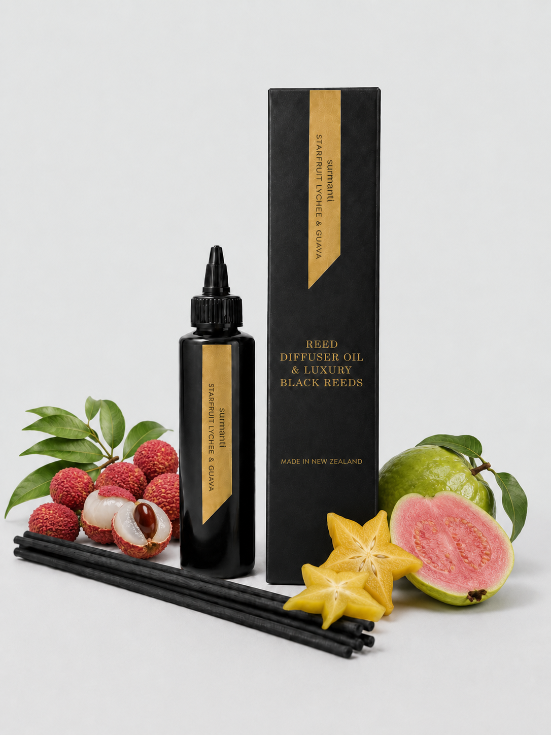 Reed Refill - Starfruit Lychee & Guava Reed Diffuser Oil & Luxury Black Reeds - Surmanti - Made In New Zealand