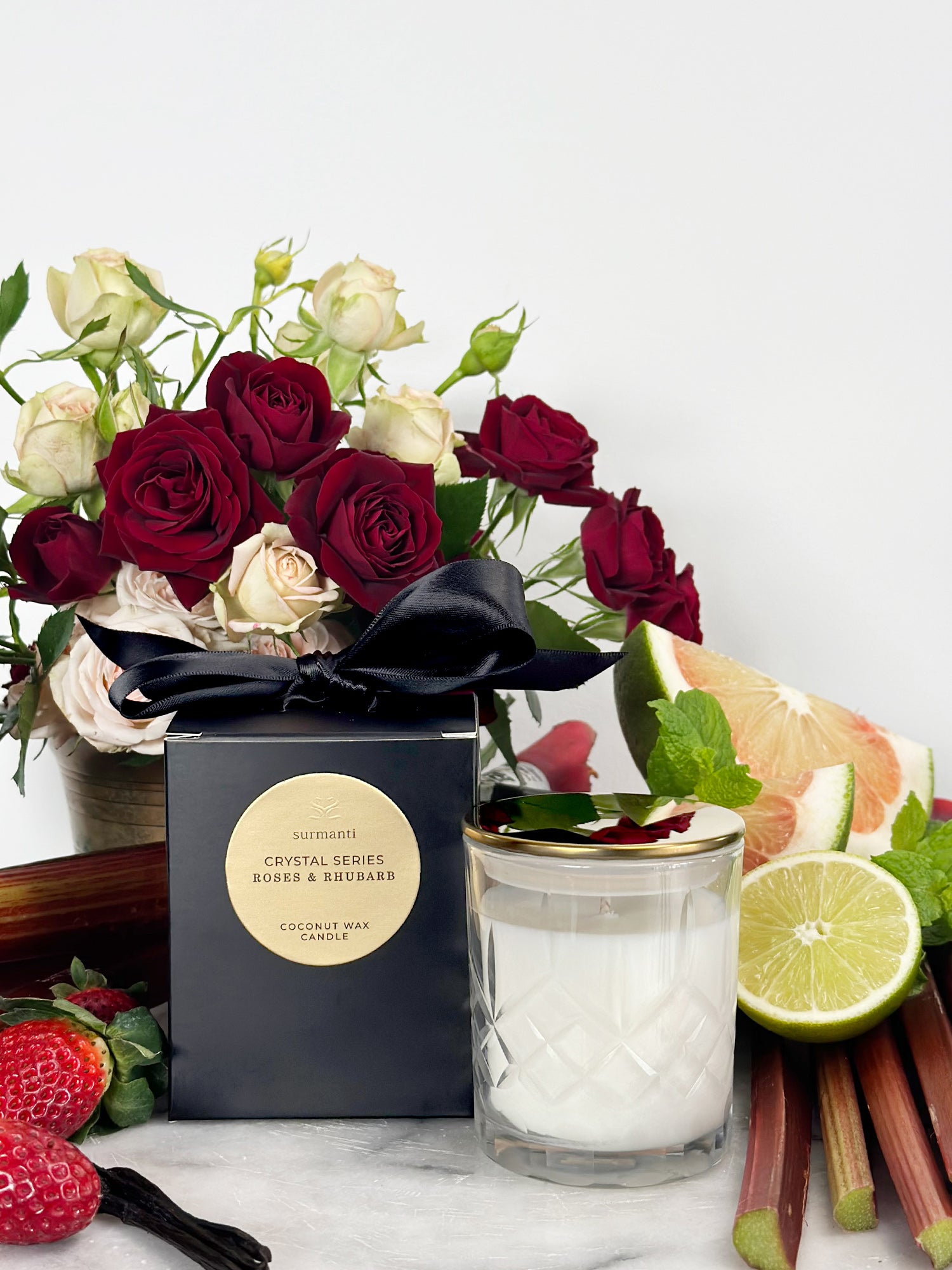 Roses & Rhubarb Crystal Series Long Burning Coconut Wax Candle 125gm - Surmanti - Made In New Zealand