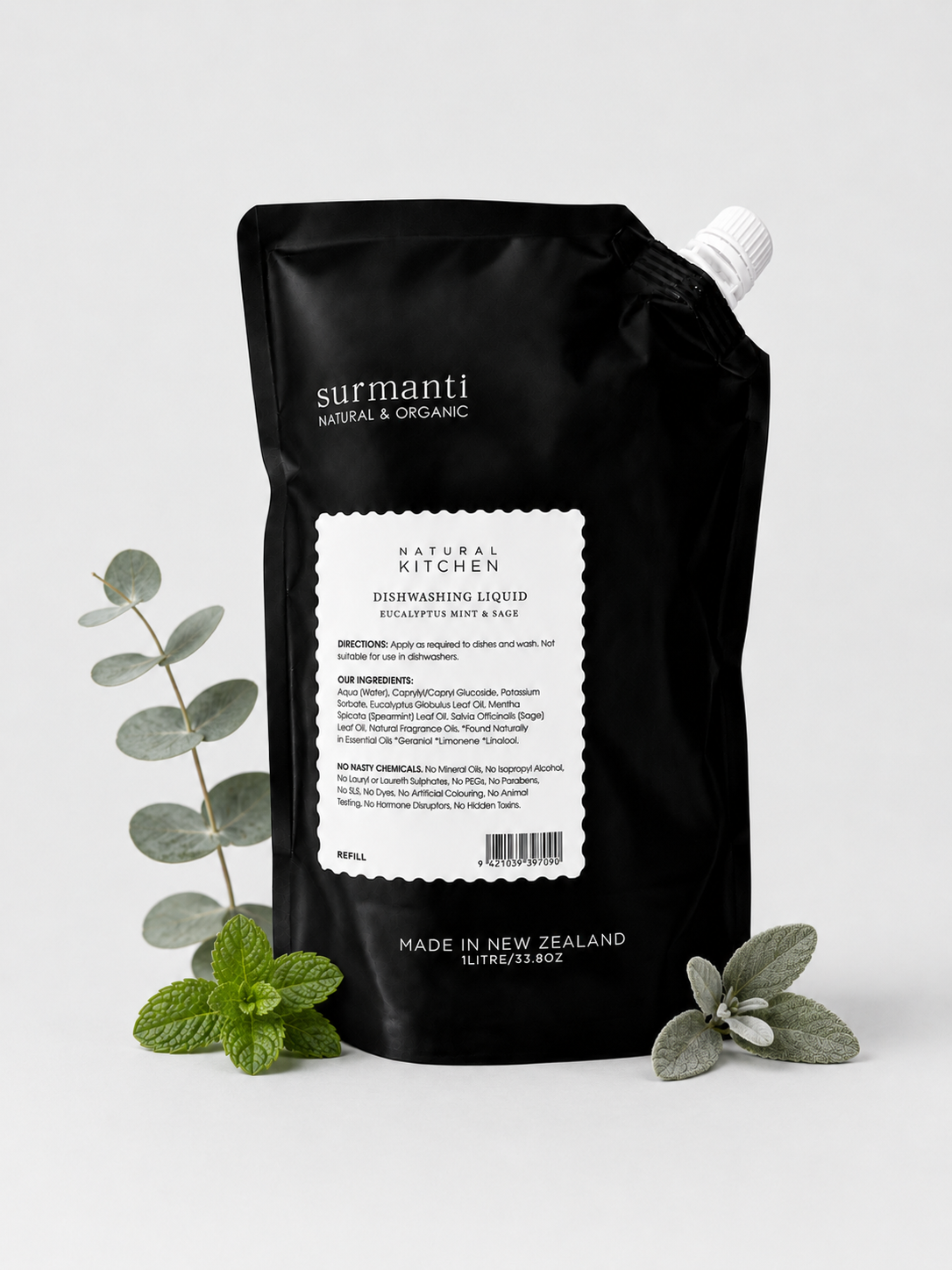Natural Dishwashing Liquid Refill 1L – Eucalyptus Mint Sage | Kills 99.9% Germs & Gentle on Hands - Surmanti - Made In New Zealand