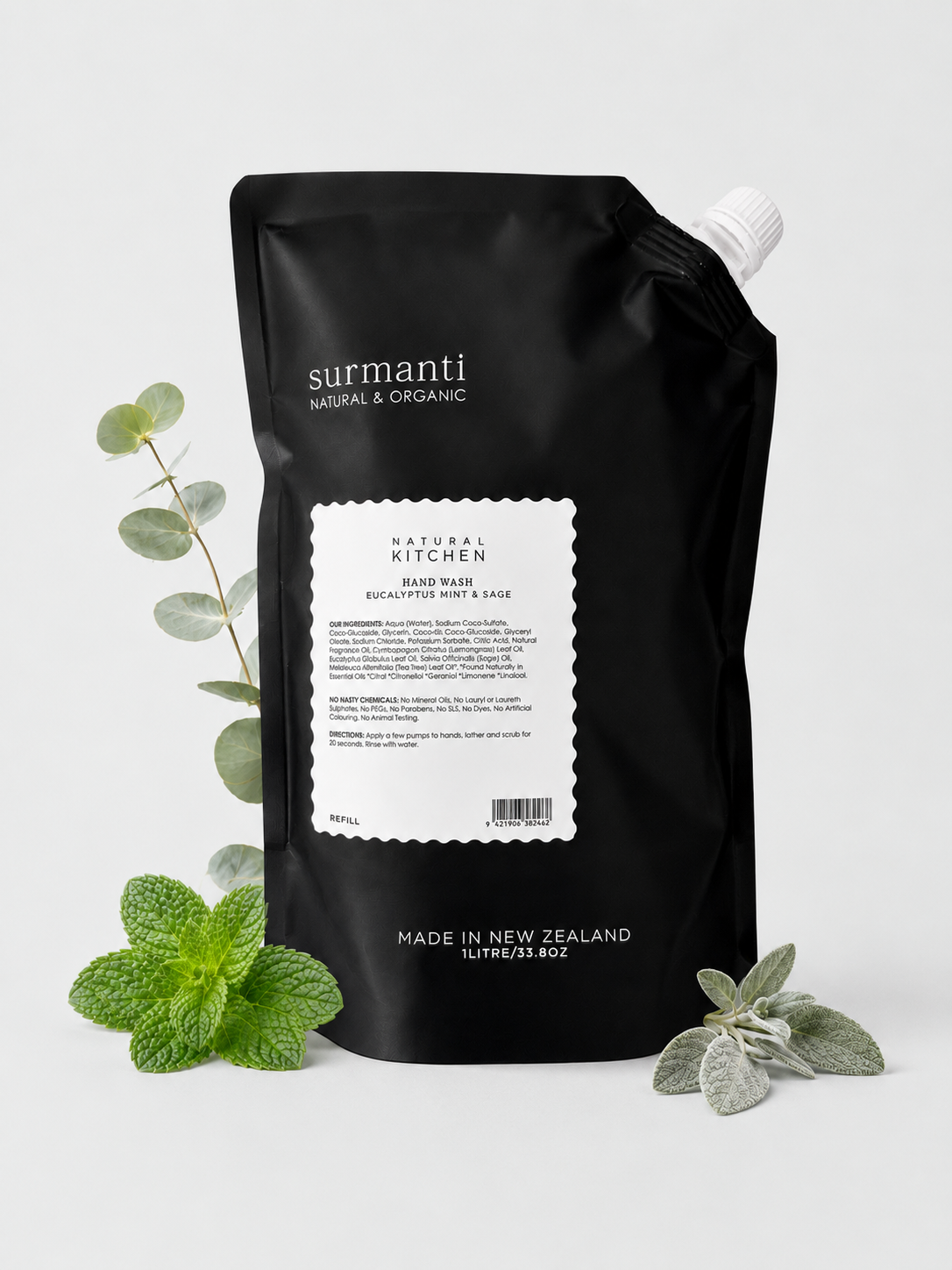 Natural Kitchen Hand Wash Refill 1L – Eucalyptus Mint Sage | Germ-Fighting & Family Safe - Surmanti - Made In New Zealand