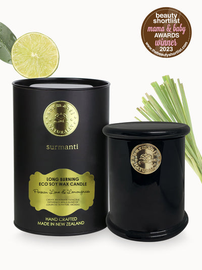 Persian Lime & Lemongrass Long Burning Eco Soy Wax Candle - Odour Eliminator - Surmanti - Made In New Zealand