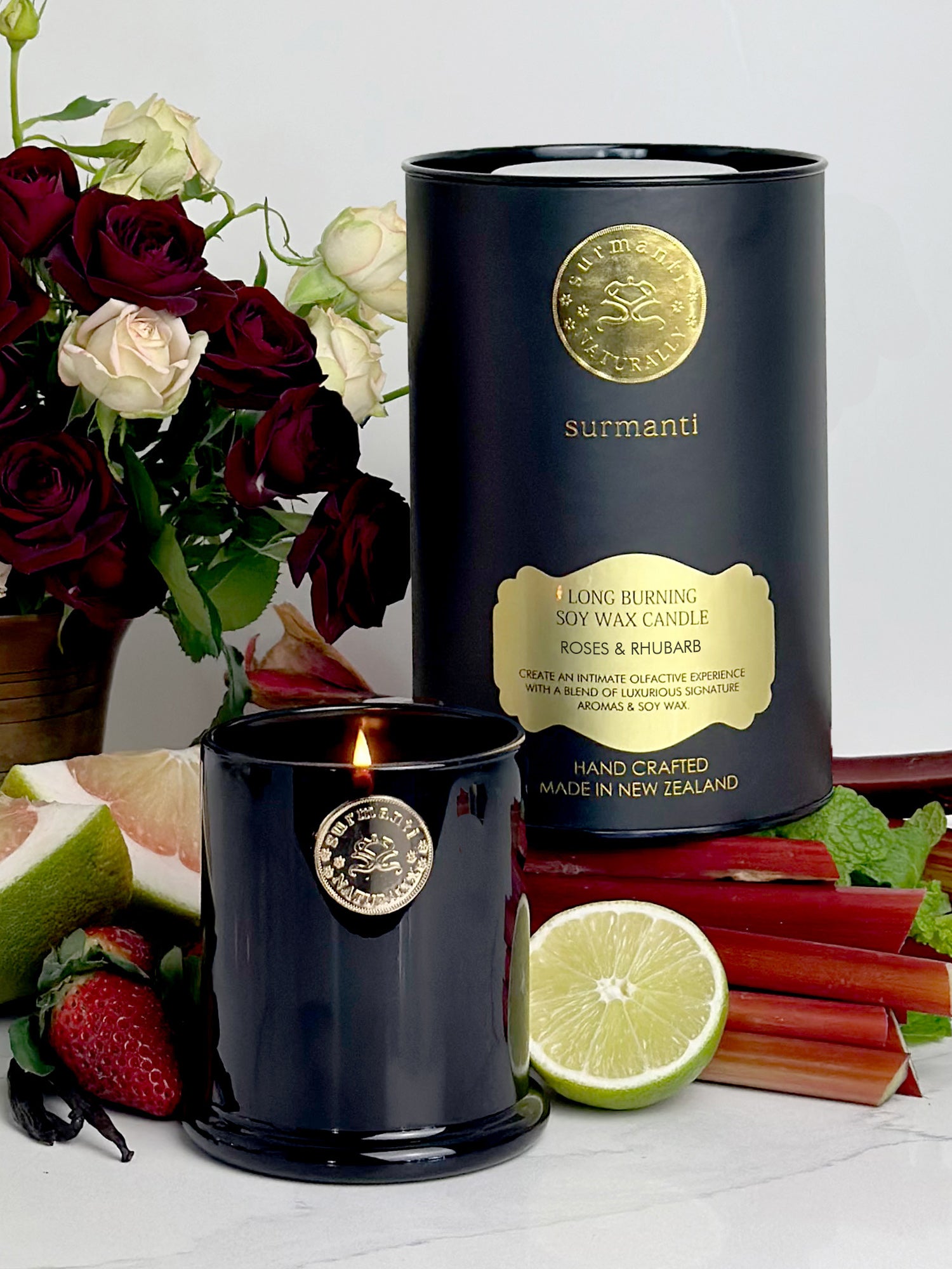 Roses & Rhubarb Soy Long Burning Candle 250g - Surmanti - Made In New Zealand