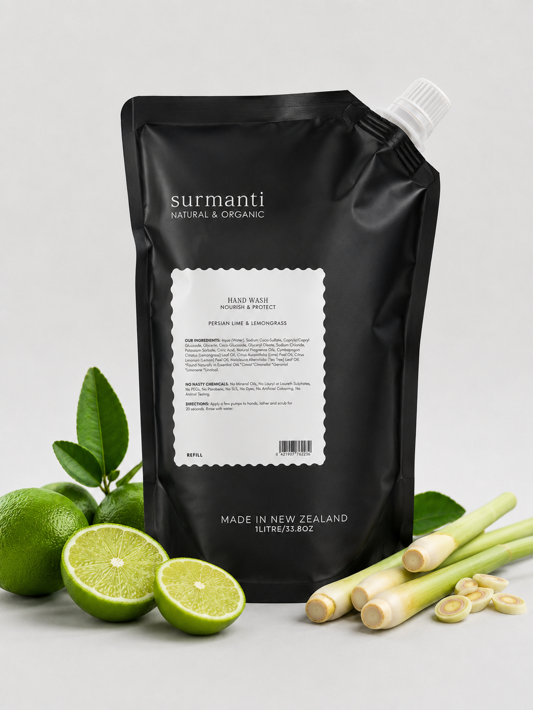 Hand Wash Antibacterial - Nourish & Protect 1L Pouch Refill - Persian Lime & Lemongrass - Surmanti - Made In New Zealand