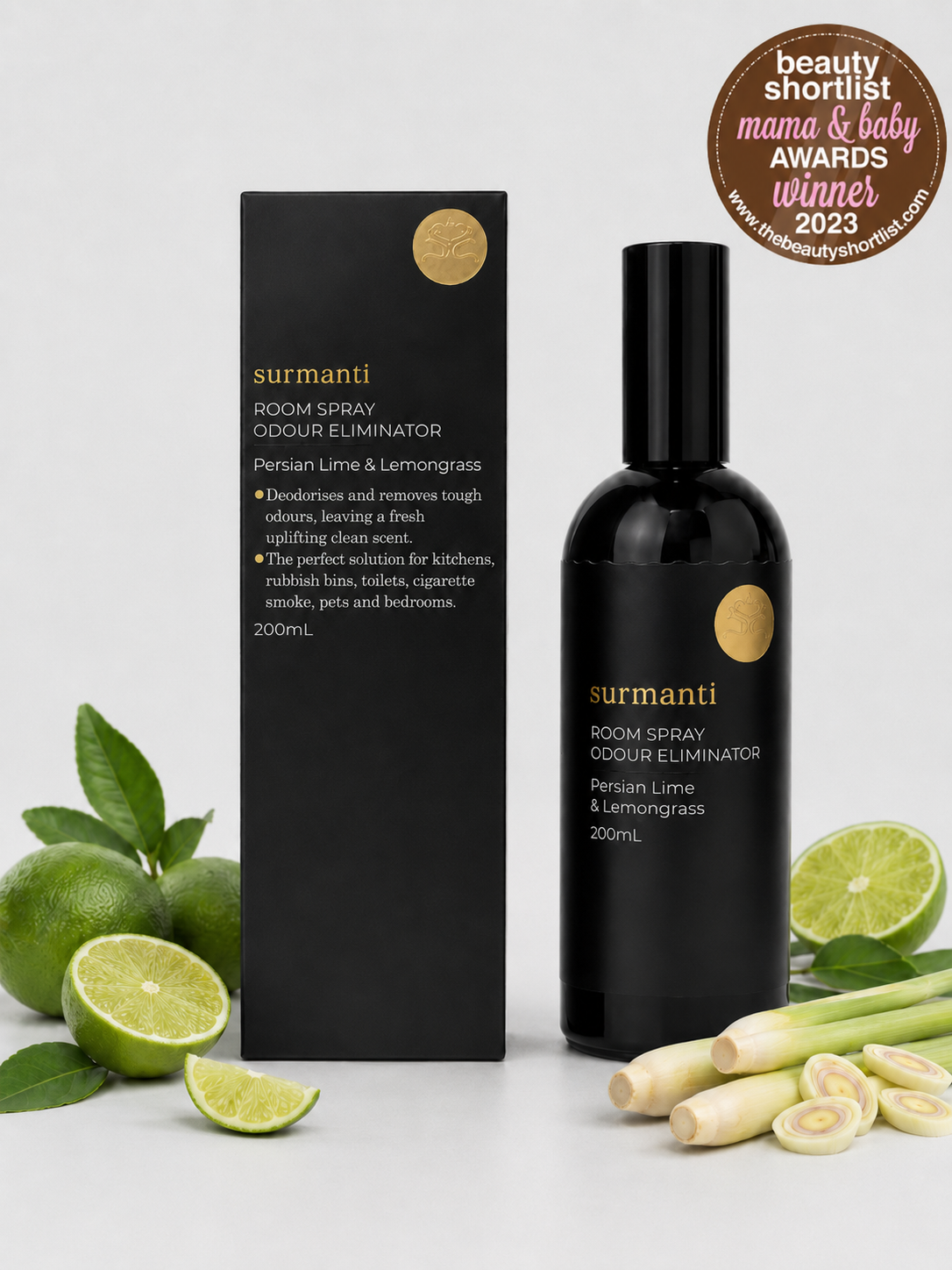 Persian Lime & Lemongrass Natural Room Spray-Odour Eliminator 200mL Glass Not Plastic - Surmanti - Made In New Zealand