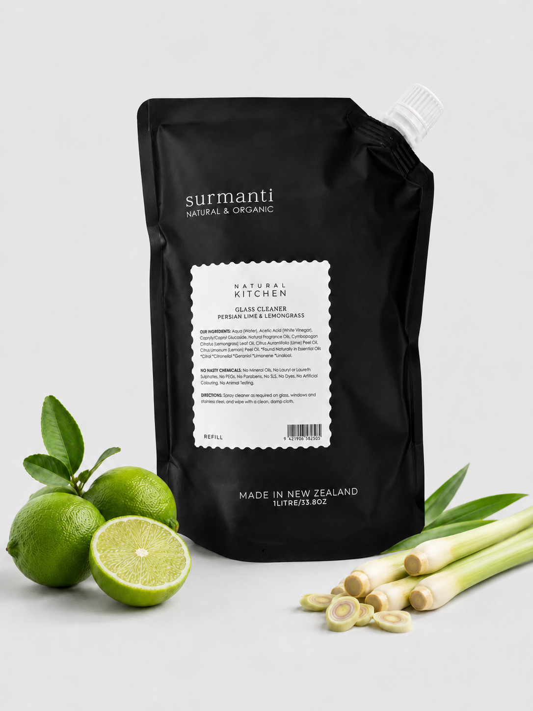 Glass Cleaner Refill (1 litre) - Persian Lime & Lemongrass - Natural Kitchen - Surmanti - Made In New Zealand