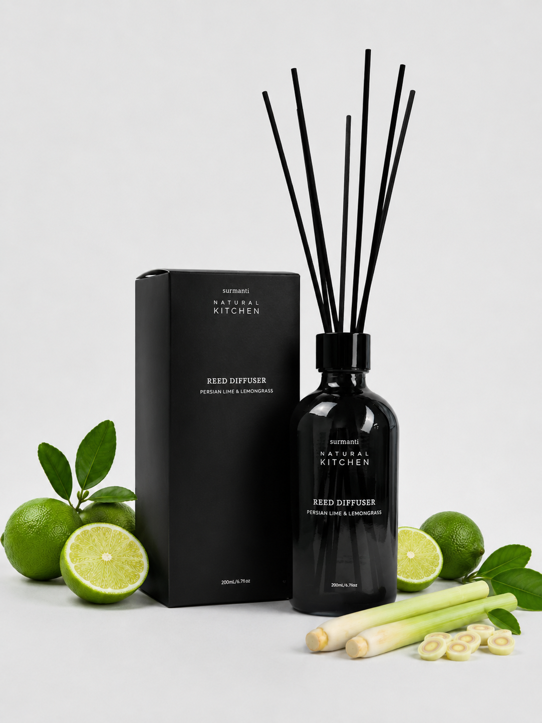 Reed Diffuser - Odour Control - Persian Lime & Lemongrass - Natural Kitchen 200mL - Refillable - Surmanti - Made In New Zealand