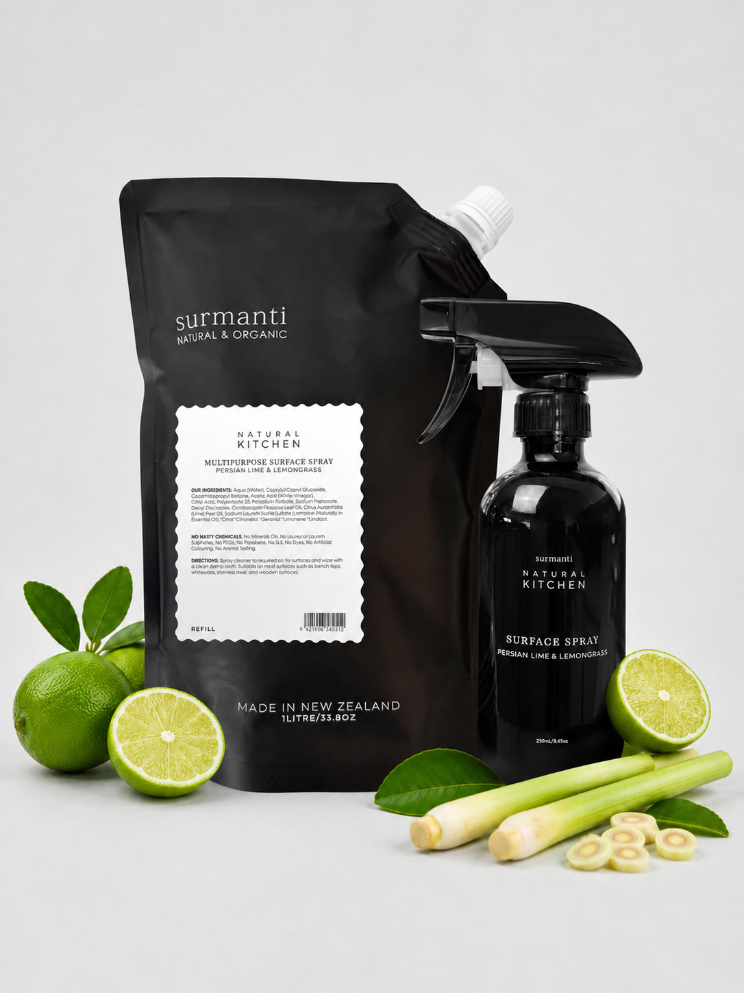 Multipurpose Surface Spray Bundle 1 Litre Refill + 250mL Persian Lime & Lemongrass - Surmanti - Made In New Zealand
