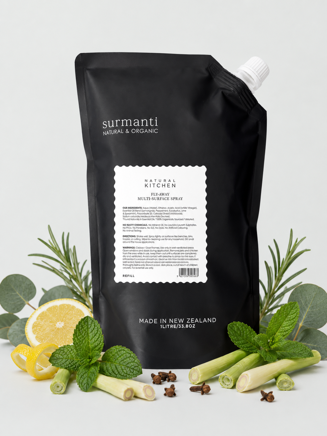 Fly-Away Multi-Surface Spray - Refill & Save - Natural Kitchen - 1 Litre Repells Fly & Ants, Smells Minty Fresh! - Surmanti - Made In New Zealand