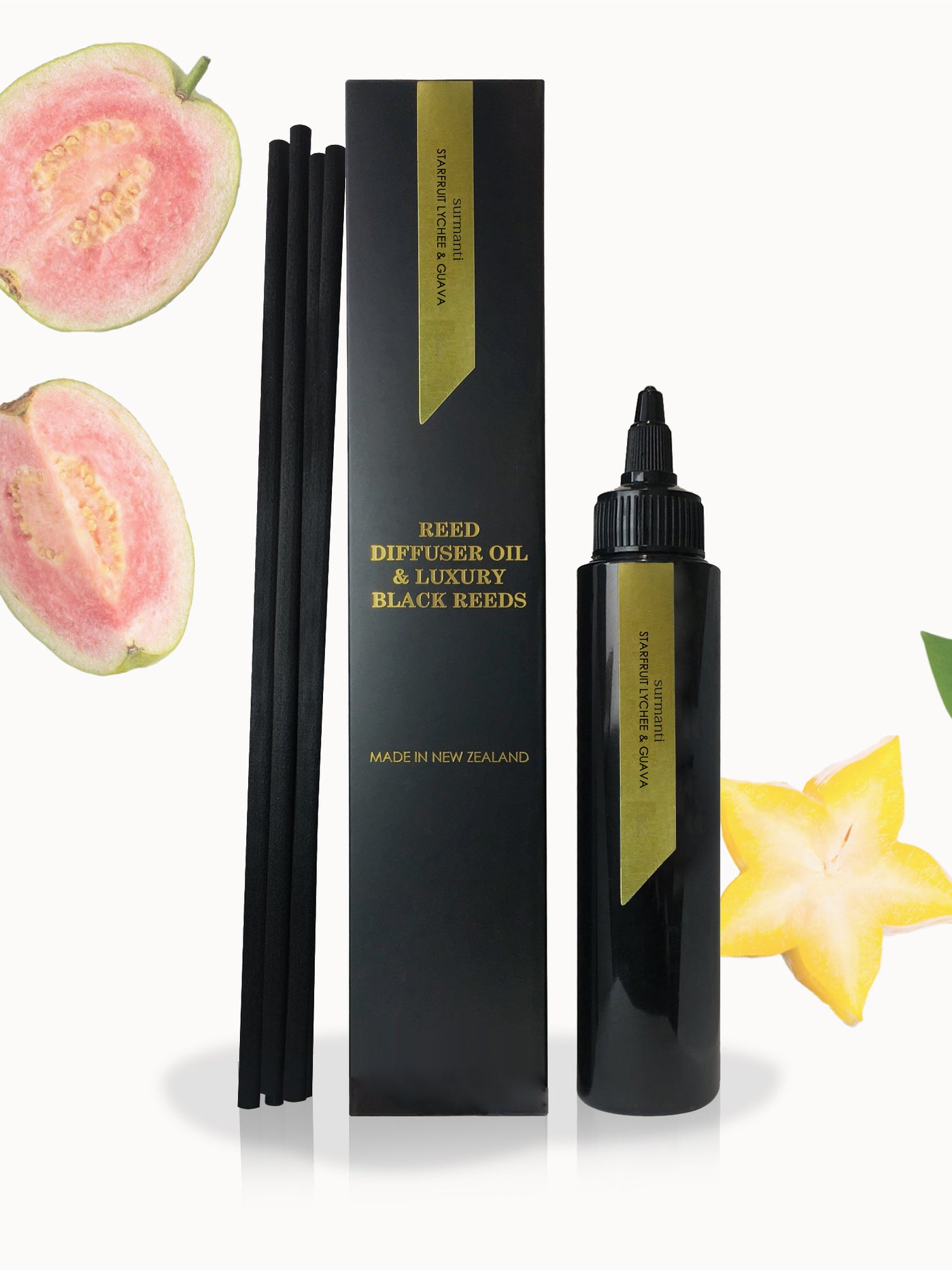 Starfruit Lychee & Guava Reed Diffuser Oil & Luxury Black Reeds - Surmanti - Made In New Zealand