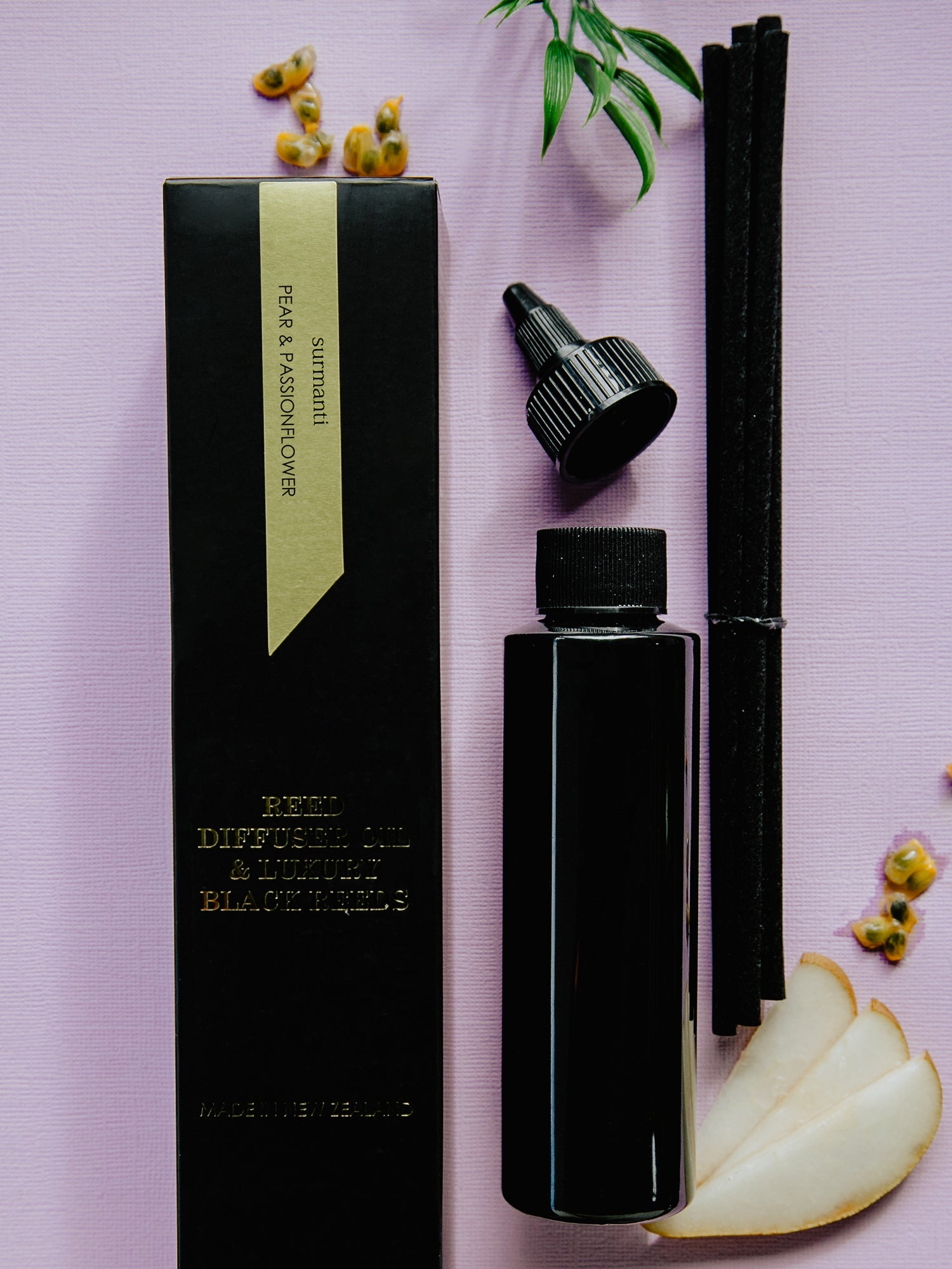 Pear & Passionflower Reed Diffuser Oil & Luxury Black Reeds - Surmanti - Made In New Zealand